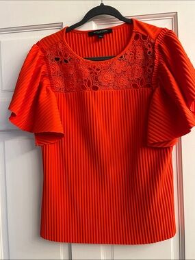 Marc New York Bright Red Pleated Top with Floral Lace Yoke and Flutter Sleeves
